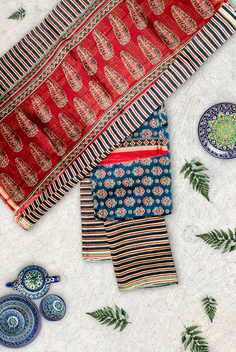 Ajrakh Block Print | Handloom 3 Piece Suit | Chanderi Cotton Silk