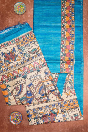 Rich Blue Hand Painted Madhubani Saree from the land of Bihar. Heavily designed pallu with intricate work on the saree border. 