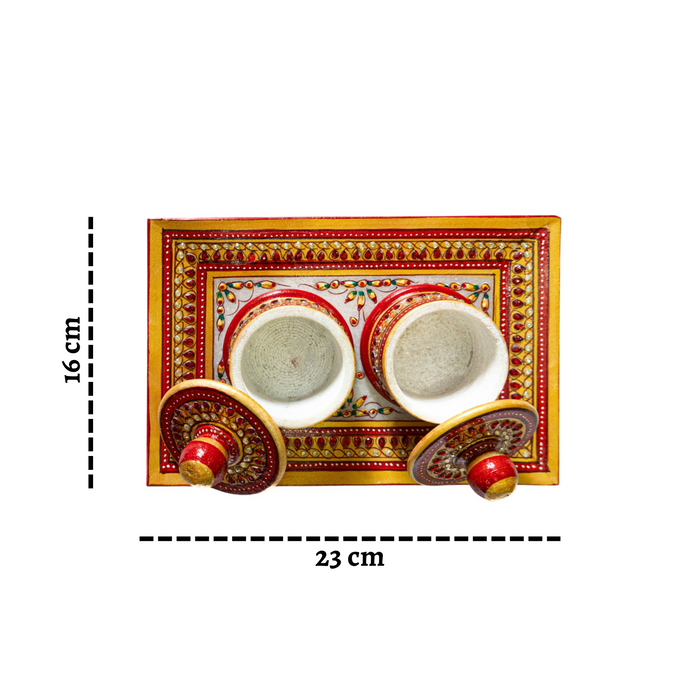 Red Handcrafted Marble Dryfruit, Condiments, Snacks Serving Tray and Box (one set)