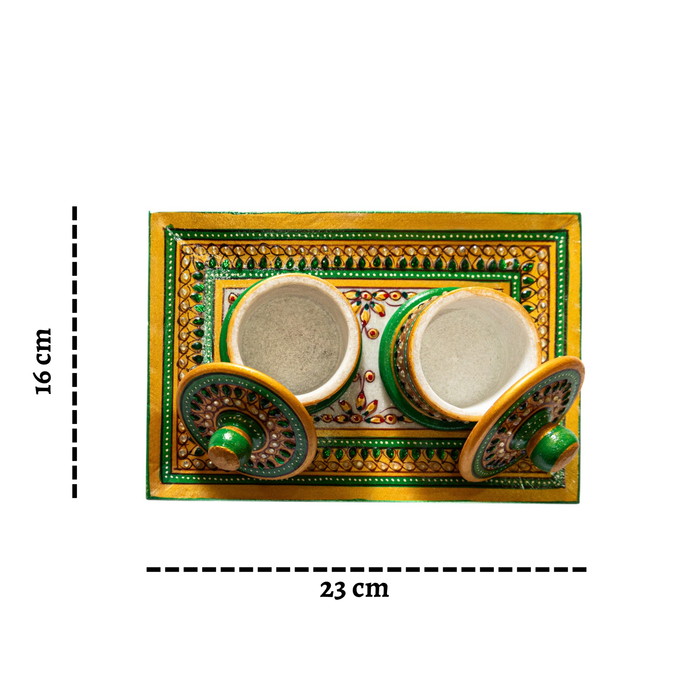 Green Handcrafted Marble Dryfruit, Condiments, Snacks Serving Tray and Box (one Set)