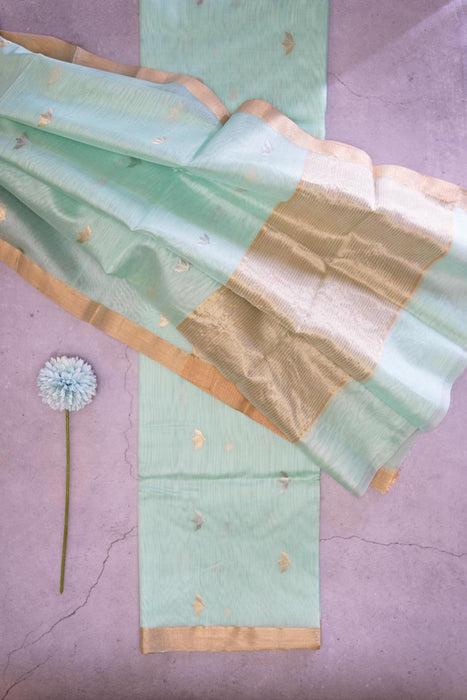 Elegant Aqua Chanderi Cotton Silk Suit with Gold Zari Booti Work