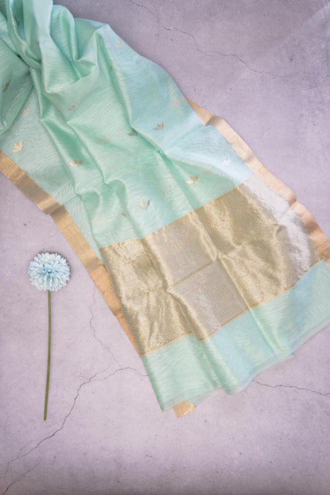 Elegant Aqua Chanderi Cotton Silk Suit with Gold Zari Booti Work