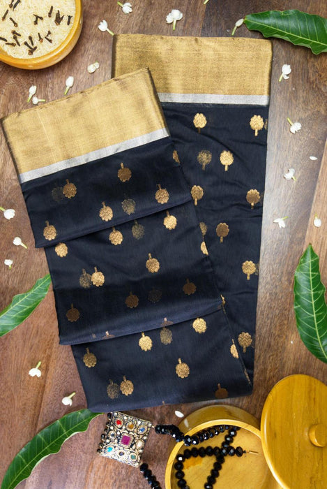 Black Booti Work Hand-Woven Silk-Cotton Chanderi Saree with Zari Border