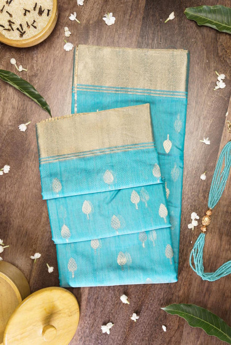 Graceful Blue Booti Work Hand-Woven Silk-Cotton Chanderi Saree with Zari Border