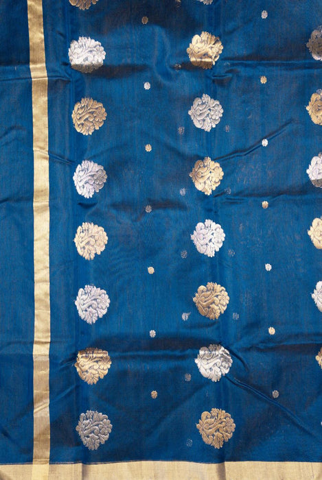 Classic Blue Chanderi Cotton Silk Suit with Intricate Booti Work