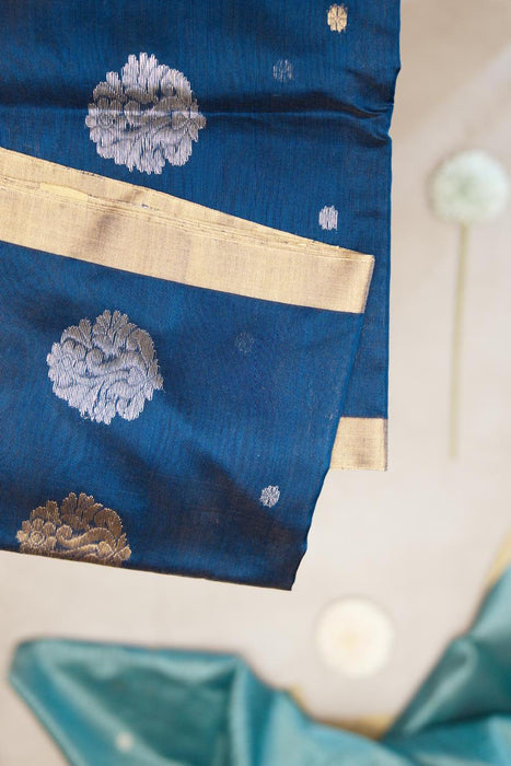 Classic Blue Chanderi Cotton Silk Suit with Intricate Booti Work