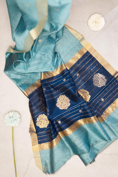 Classic Blue Chanderi Cotton Silk Suit with Intricate Booti Work