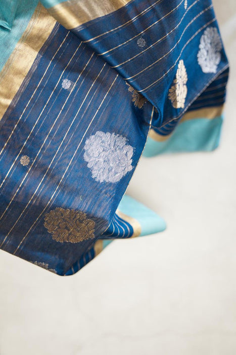 Classic Blue Chanderi Cotton Silk Suit with Intricate Booti Work