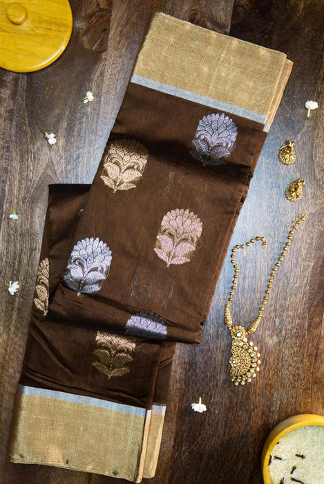 Timeless Brown Booti Work Hand-Woven Silk-Cotton Chanderi Saree with Zari Border