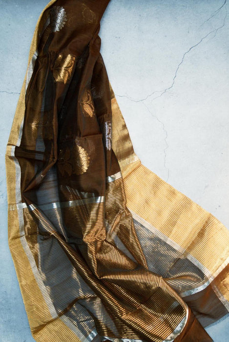 Timeless Brown Booti Work Hand-Woven Silk-Cotton Chanderi Saree with Zari Border