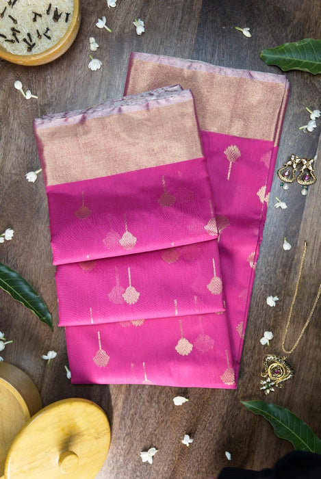 Radiant Magenta Booti Work Hand-Woven Silk-Cotton Chanderi Saree with Zari Border