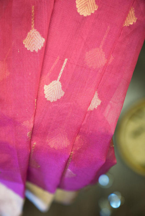 Radiant Magenta Booti Work Hand-Woven Silk-Cotton Chanderi Saree with Zari Border