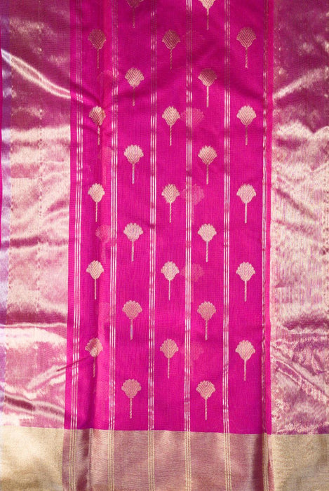 Radiant Magenta Booti Work Hand-Woven Silk-Cotton Chanderi Saree with Zari Border