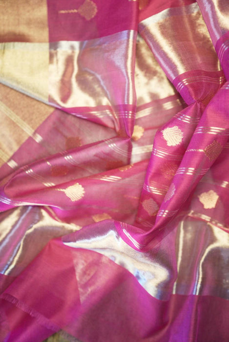 Radiant Magenta Booti Work Hand-Woven Silk-Cotton Chanderi Saree with Zari Border