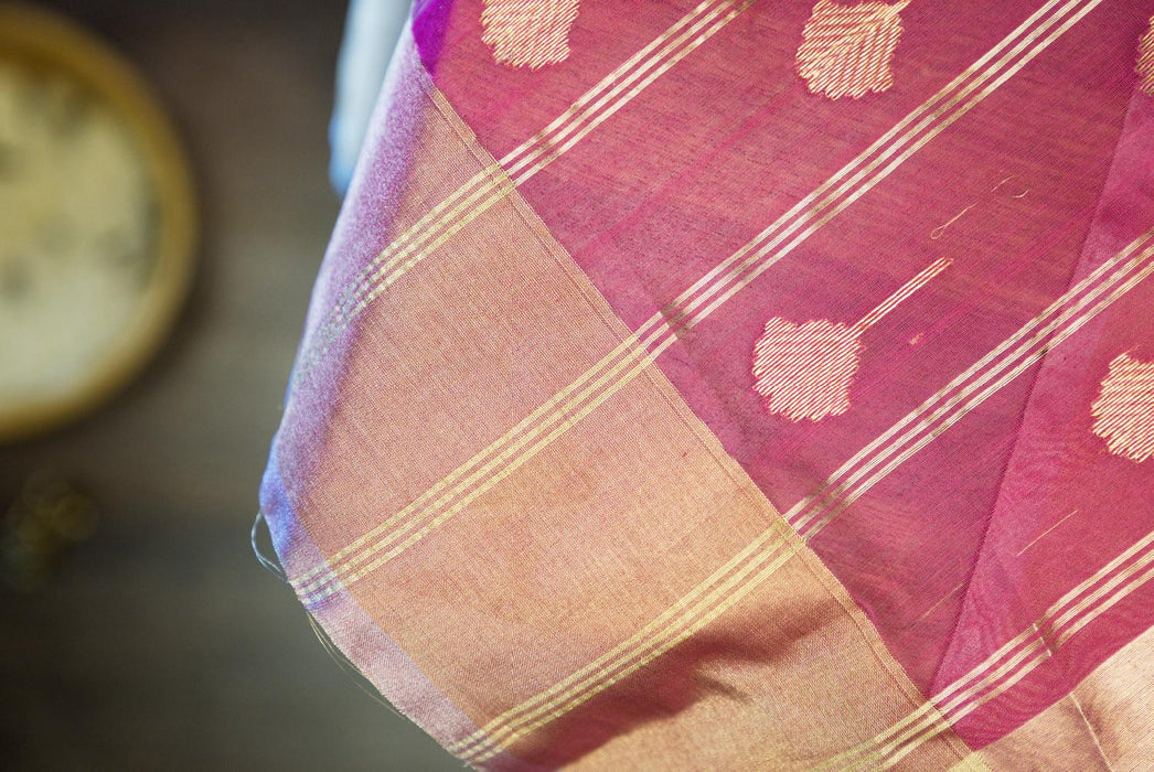 Radiant Magenta Booti Work Hand-Woven Silk-Cotton Chanderi Saree with Zari Border