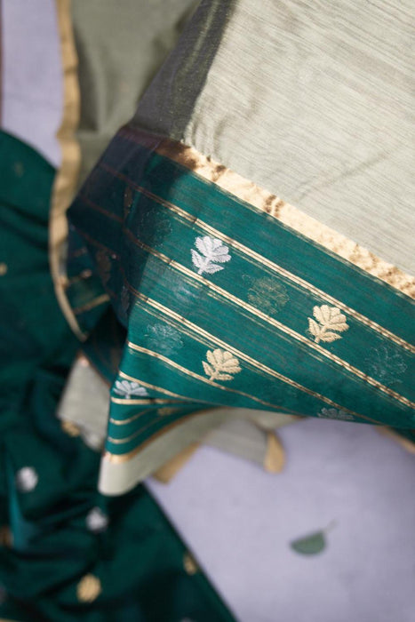 Stunning Olive and Bottle Green Chanderi Cotton Silk Suit with Booti Work