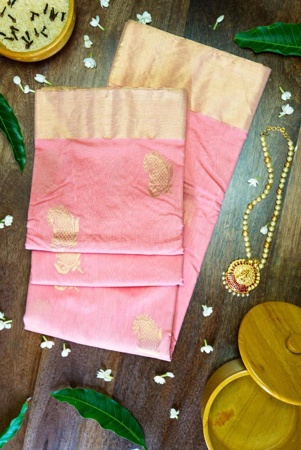 Soft Pink Booti Work Hand-Woven Silk-Cotton Chanderi Saree with Zari Border