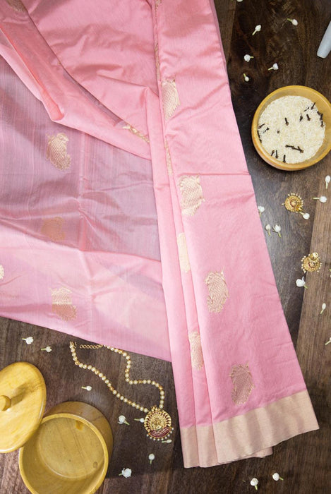 Soft Pink Booti Work Hand-Woven Silk-Cotton Chanderi Saree with Zari Border