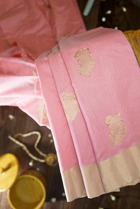 Soft Pink Booti Work Hand-Woven Silk-Cotton Chanderi Saree with Zari Border