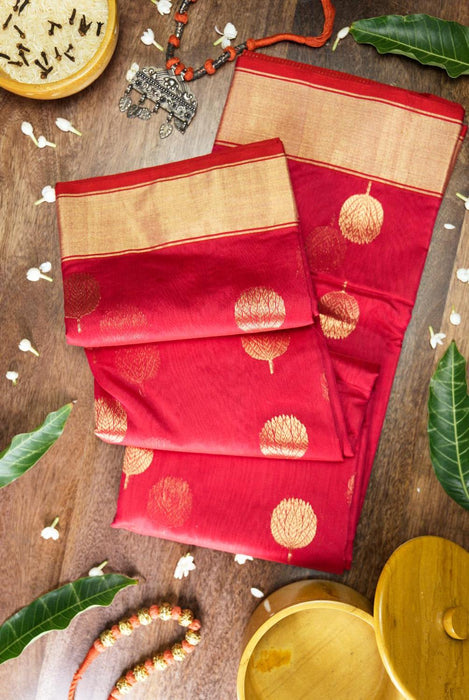 Bold Red Booti Work Hand-Woven Silk-Cotton Chanderi Saree with Zari Border