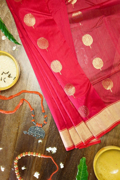 Bold Red Booti Work Hand-Woven Silk-Cotton Chanderi Saree with Zari Border