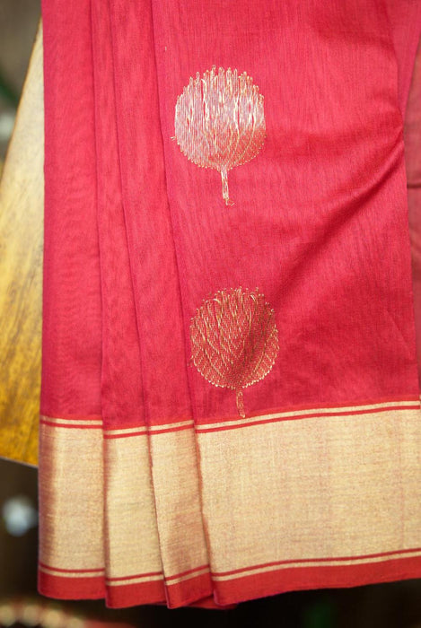 Bold Red Booti Work Hand-Woven Silk-Cotton Chanderi Saree with Zari Border