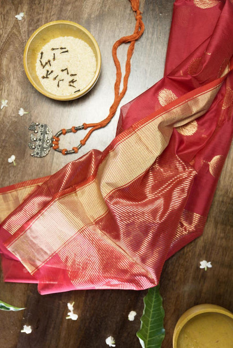 Bold Red Booti Work Hand-Woven Silk-Cotton Chanderi Saree with Zari Border