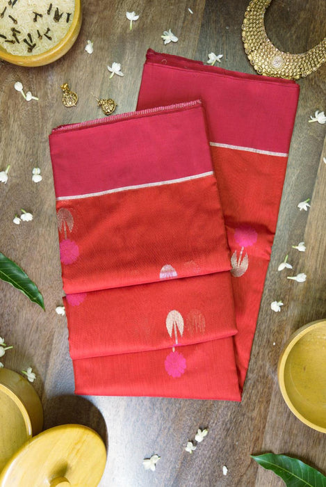 Elegant Red and Pink Booti Work Hand-Woven Silk-Cotton Chanderi Saree with Magenta Border