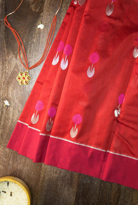 Elegant Red and Pink Booti Work Hand-Woven Silk-Cotton Chanderi Saree with Magenta Border