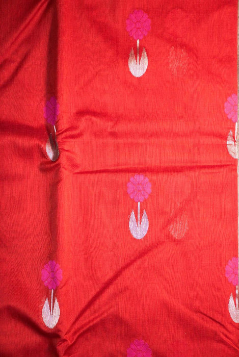 Elegant Red and Pink Booti Work Hand-Woven Silk-Cotton Chanderi Saree with Magenta Border