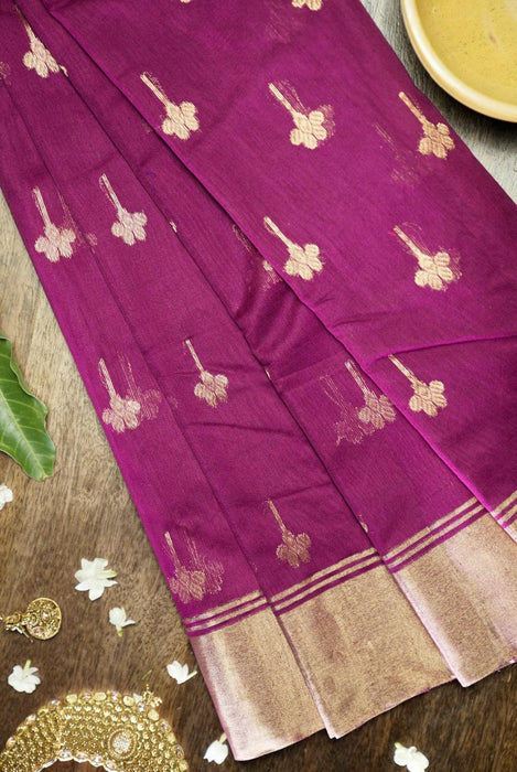 Luxurious Wine Booti Work Hand-Woven Silk-Cotton Chanderi Saree with Zari Border