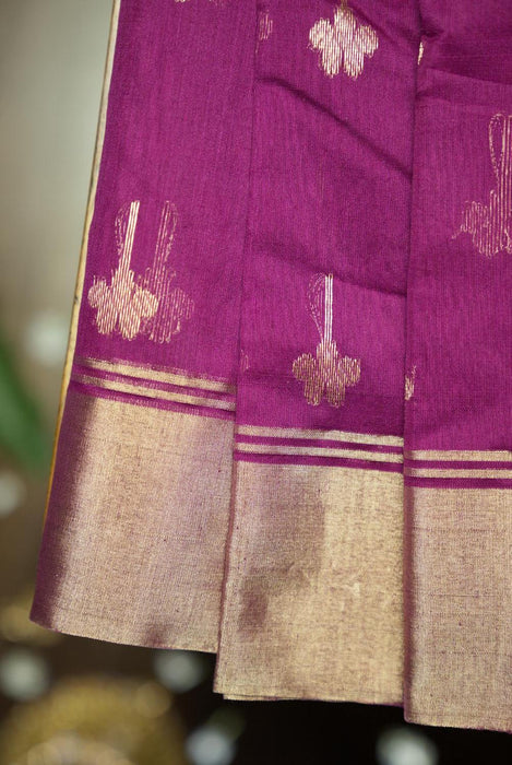 Luxurious Wine Booti Work Hand-Woven Silk-Cotton Chanderi Saree with Zari Border