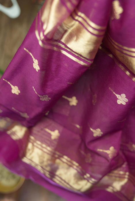 Luxurious Wine Booti Work Hand-Woven Silk-Cotton Chanderi Saree with Zari Border