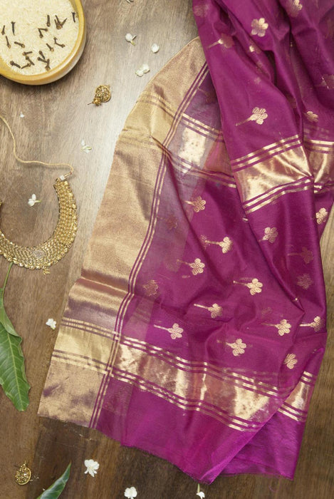 Luxurious Wine Booti Work Hand-Woven Silk-Cotton Chanderi Saree with Zari Border