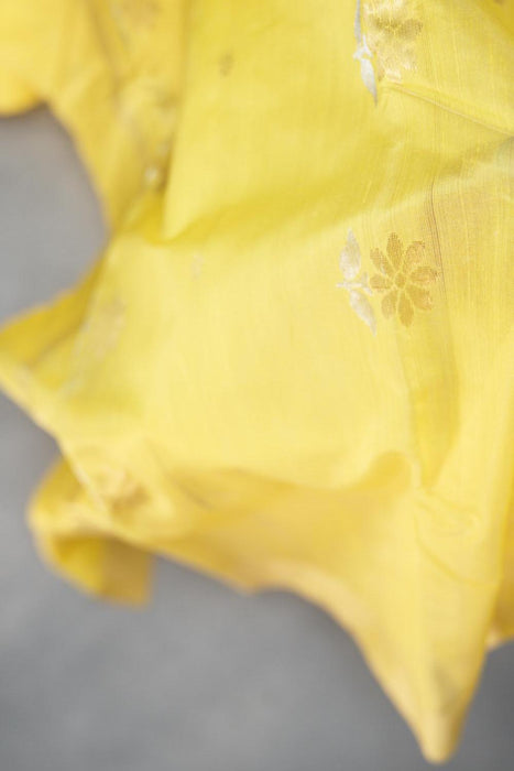 Bright Yellow Chanderi Cotton Silk 3-Piece Suit with Zari Booti