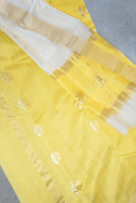 Bright Yellow Chanderi Cotton Silk 3-Piece Suit with Zari Booti