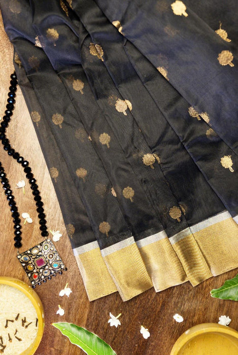 Black Booti Work Hand-Woven Silk-Cotton Chanderi Saree with Zari Border