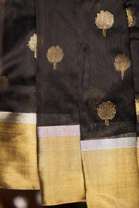 Black Booti Work Hand-Woven Silk-Cotton Chanderi Saree with Zari Border