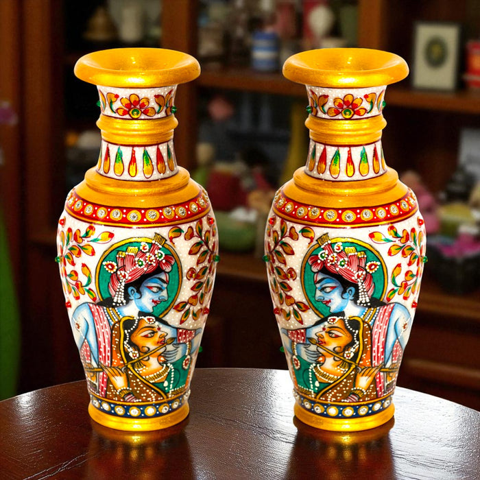 Handcrafted Marble Vase with Radha Krishna design (Single Piece)