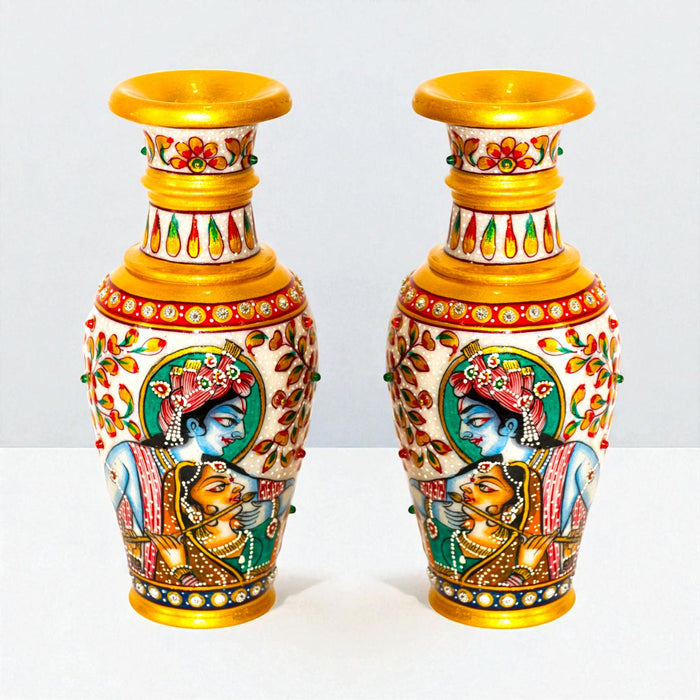 Handcrafted Marble Vase with Radha Krishna design (Single Piece)