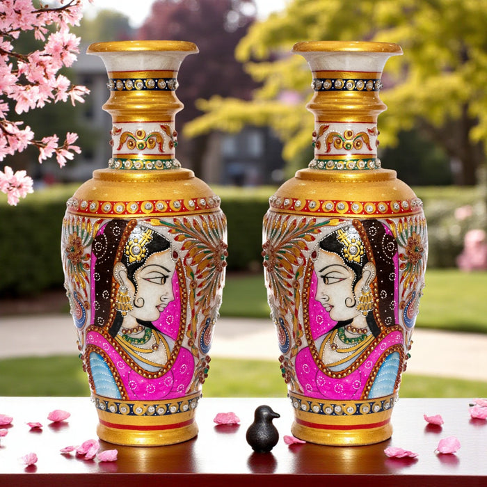 Handcrafted Marble Vase with Pink Bani Thani design (Single Piece)