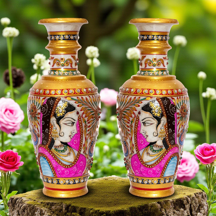 Handcrafted Marble Vase with Pink Bani Thani design (Single Piece)