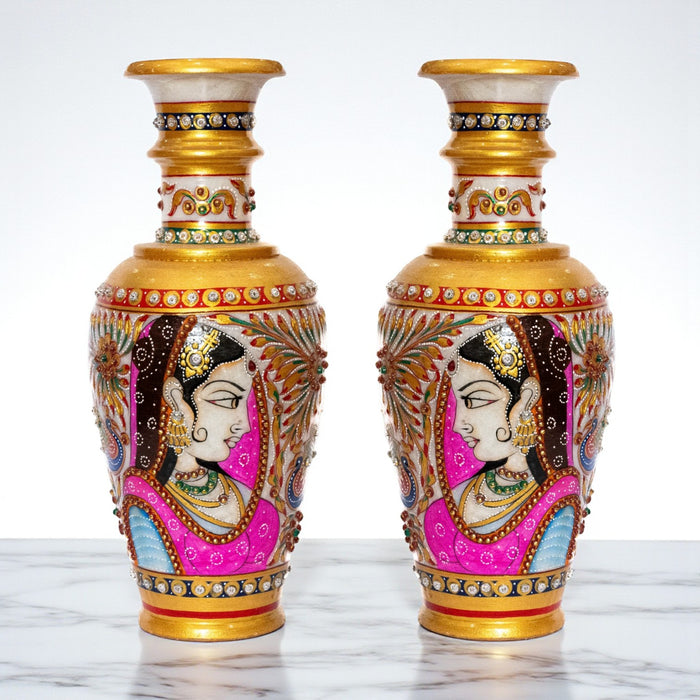 Handcrafted Marble Vase with Pink Bani Thani design (Single Piece)