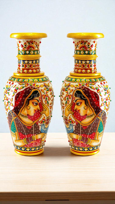 Handcrafted Marble Vase with Red Bani Thani design (Single Piece)