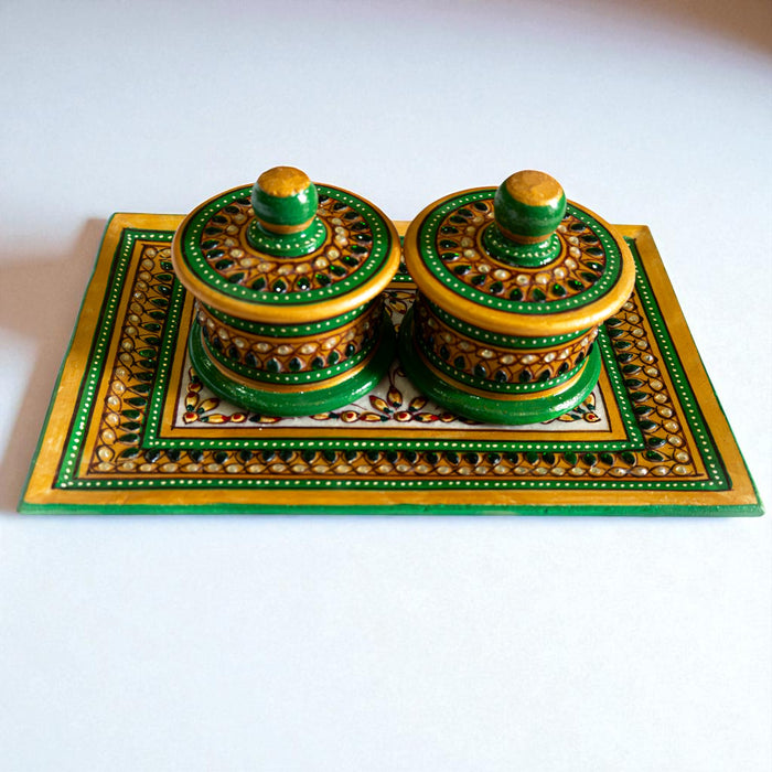 Green Handcrafted Marble Dryfruit, Condiments, Snacks Serving Tray and Box (one Set)