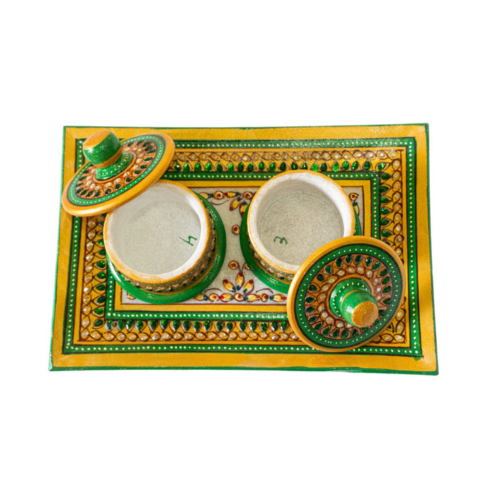 Green Handcrafted Marble Dryfruit, Condiments, Snacks Serving Tray and Box (one Set)
