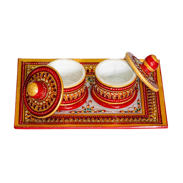 Red Handcrafted Marble Dryfruit, Condiments, Snacks Serving Tray and Box (one set)