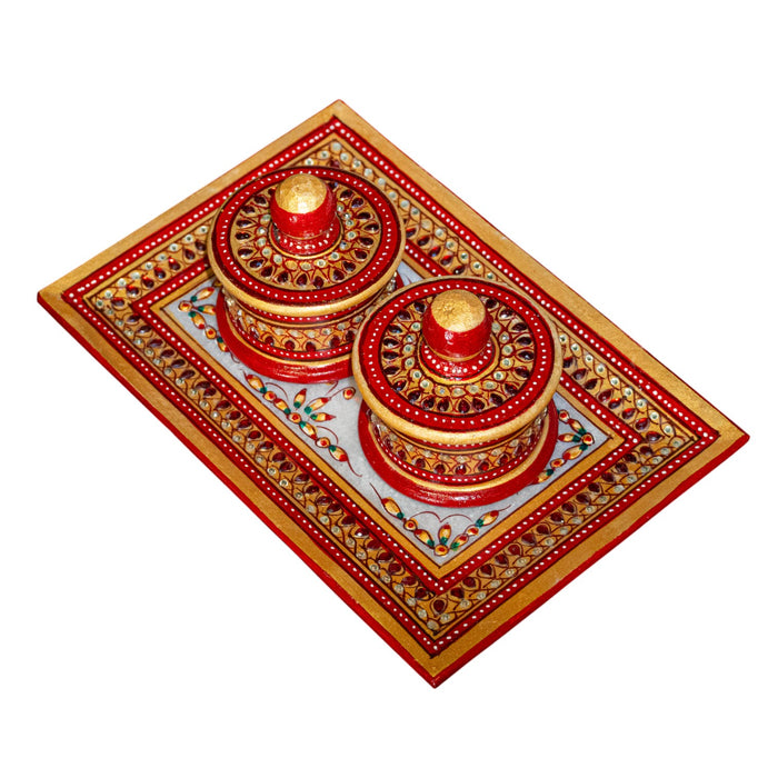 Red Handcrafted Marble Dryfruit, Condiments, Snacks Serving Tray and Box (one set)