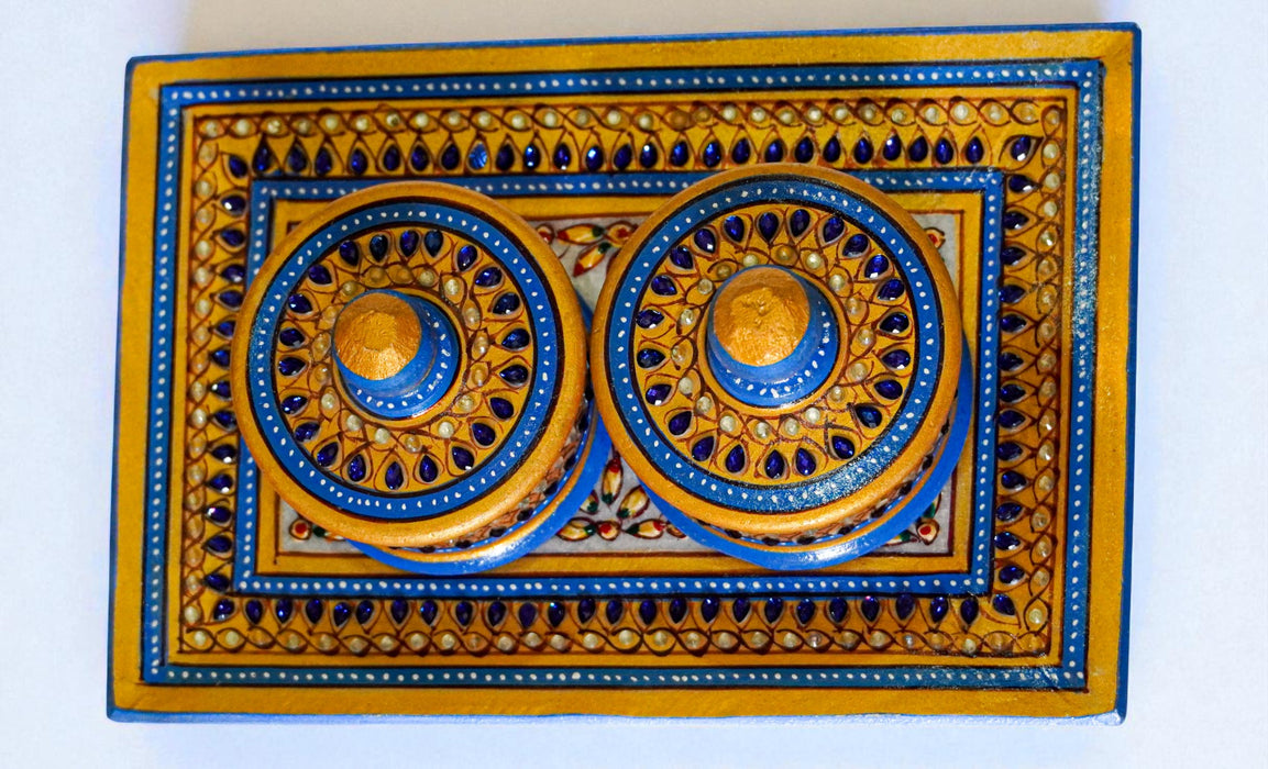 Blue Handcrafted Marble Dryfruit, Condiments, Snacks Serving Tray and Box (One Set)