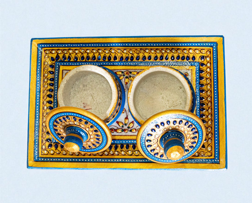 Blue Handcrafted Marble Dryfruit, Condiments, Snacks Serving Tray and Box (One Set)